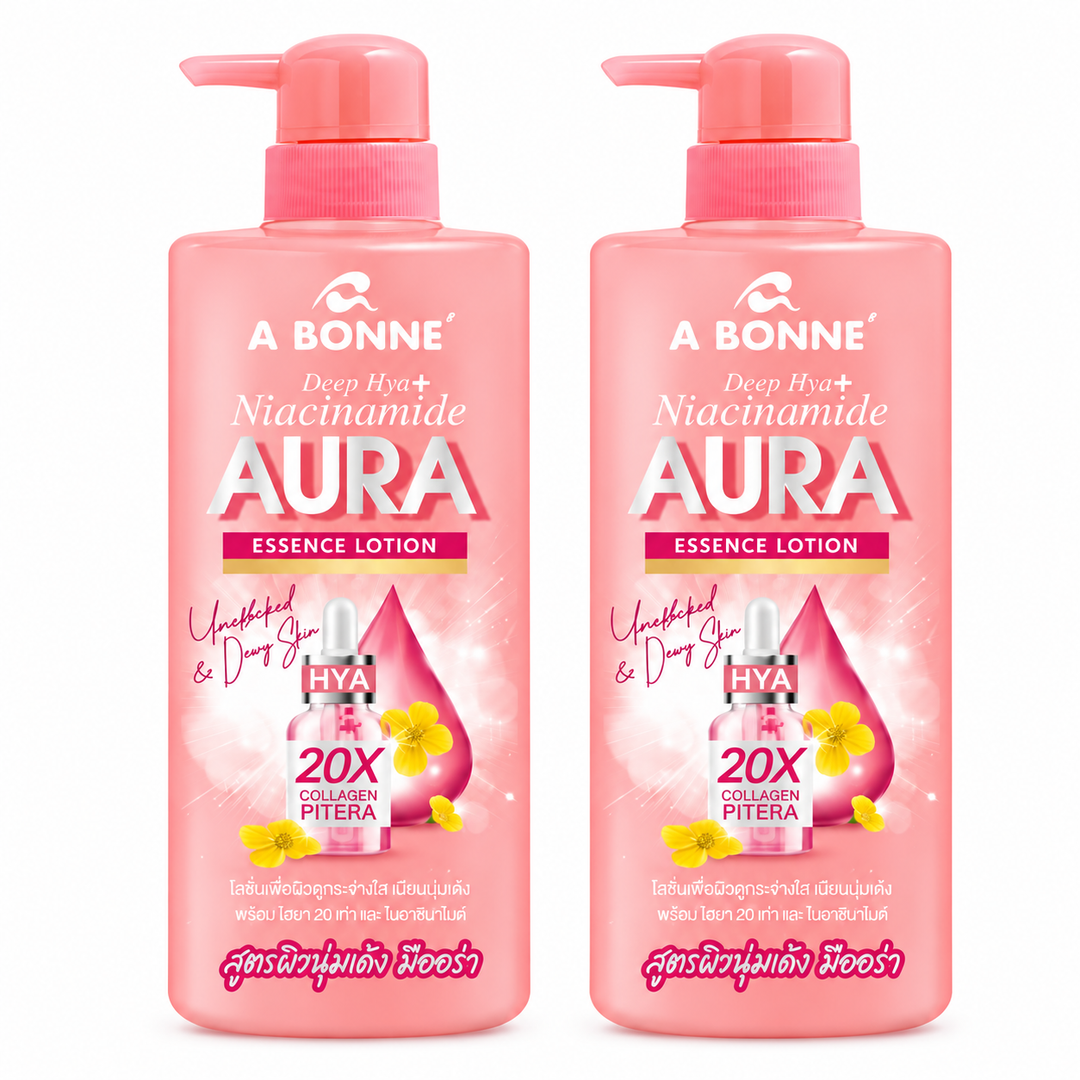 A BONNE AURA Essence Lotion Deep Hya + Niacinamide — 2 × 500 ml — white-background photograph showing exactly 2 units