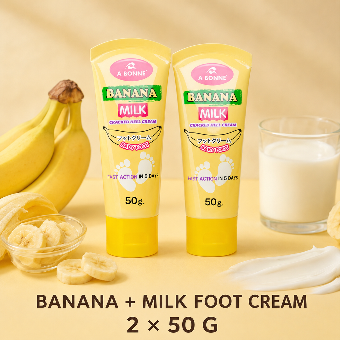 A BONNE Banana Milk Foot Cream twin pack with bananas, milk and cream
