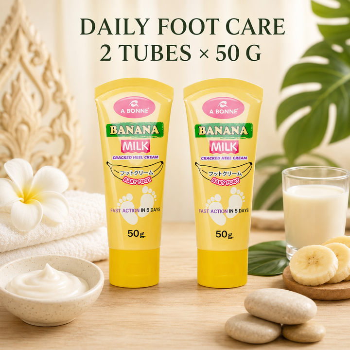 Two A BONNE Banana Milk Foot Cream tubes in a Thai-inspired foot-care spa setting

