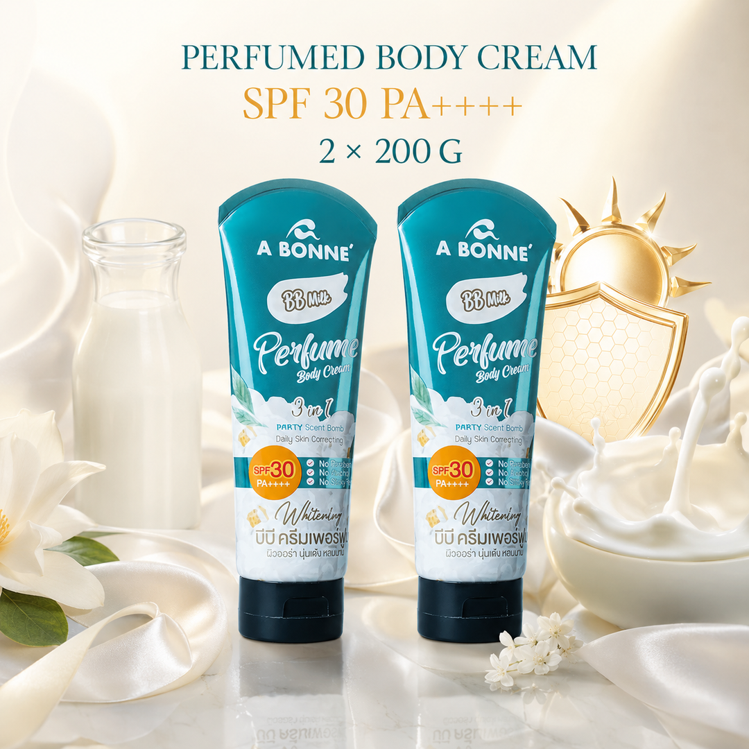 Two A BONNE BB Milk Perfume Body Cream tubes in a daily body-care setting
