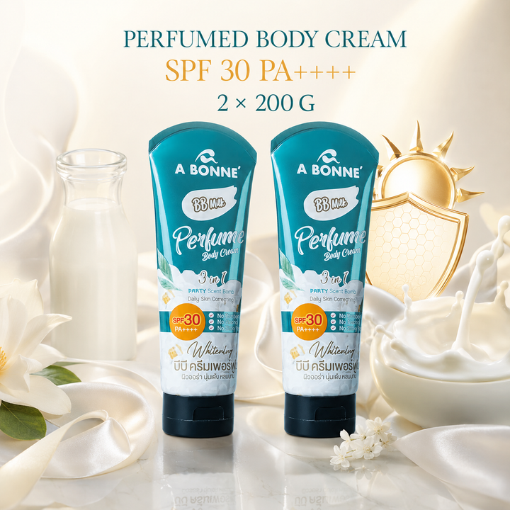 Two A BONNE BB Milk Perfume Body Cream tubes in a daily body-care setting
