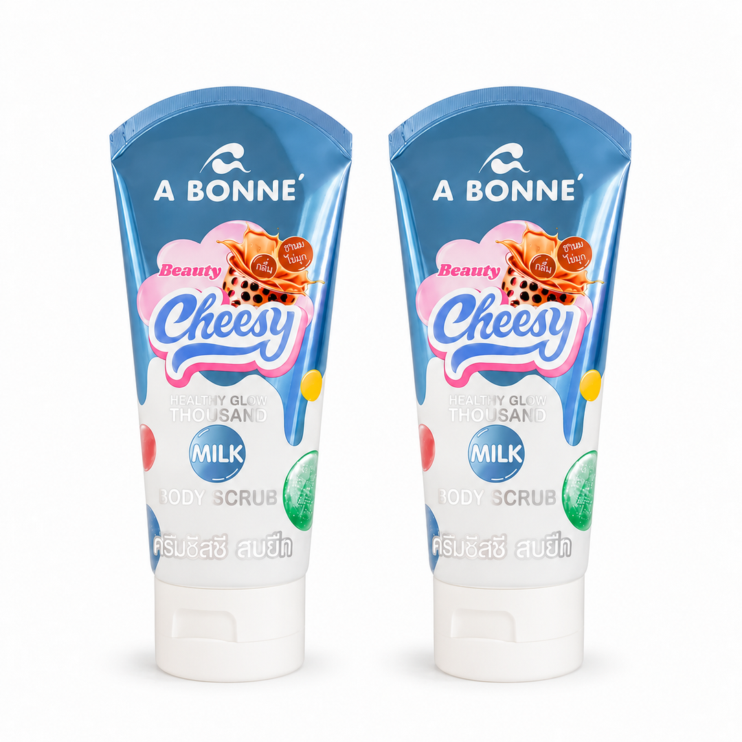 A BONNE Beauty Cheesy Healthy Glow Thousand Milk Body Scrub — Pack of 2 × 150 g — 2 identical units, white background