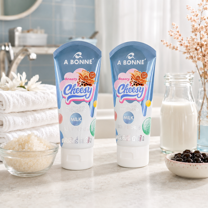 Two A BONNÉ Beauty Cheesy body scrub tubes with milk and salt-and-sugar scrub