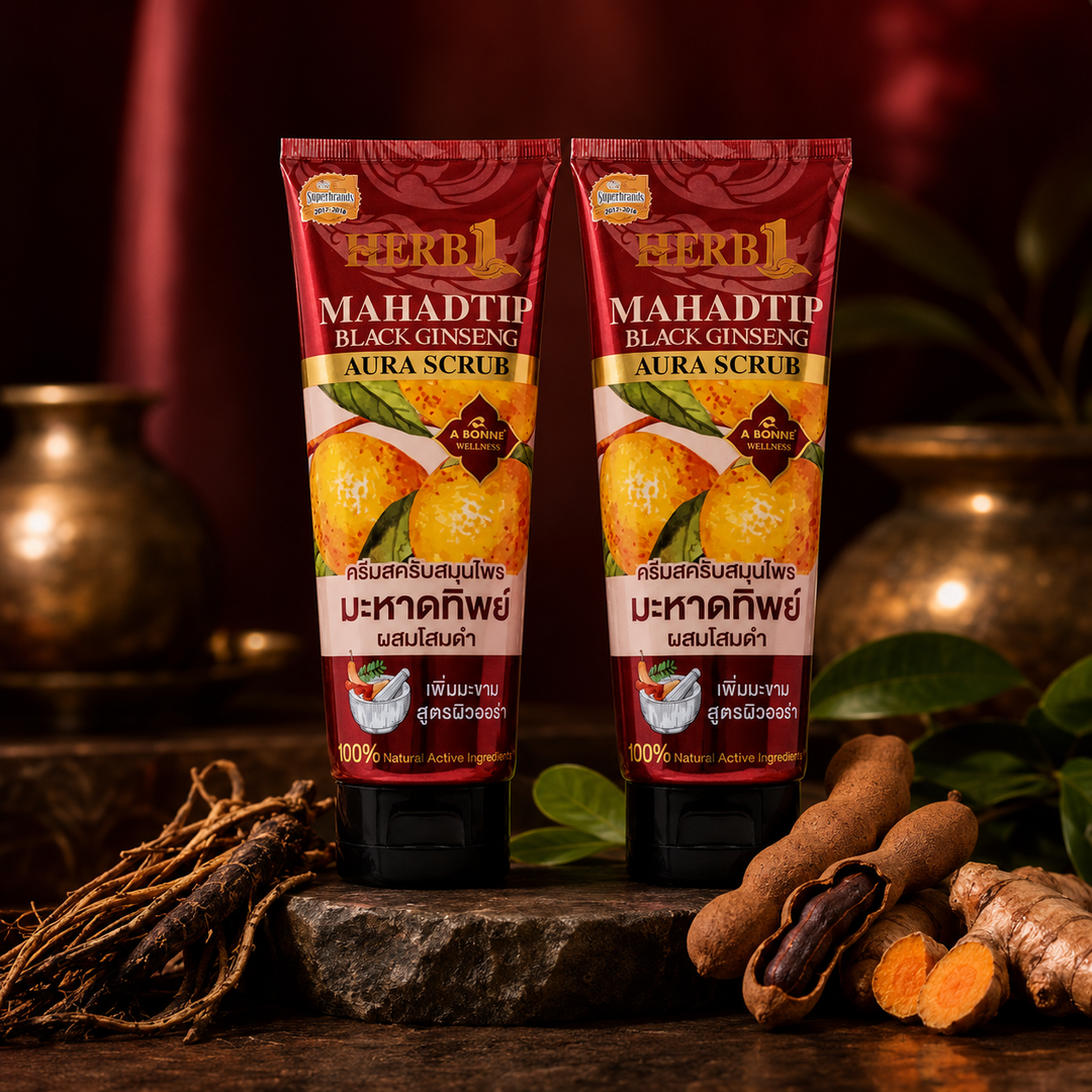 Two A BONNE Mahadtip Black Ginseng body scrub tubes with Thai herbal ingredients