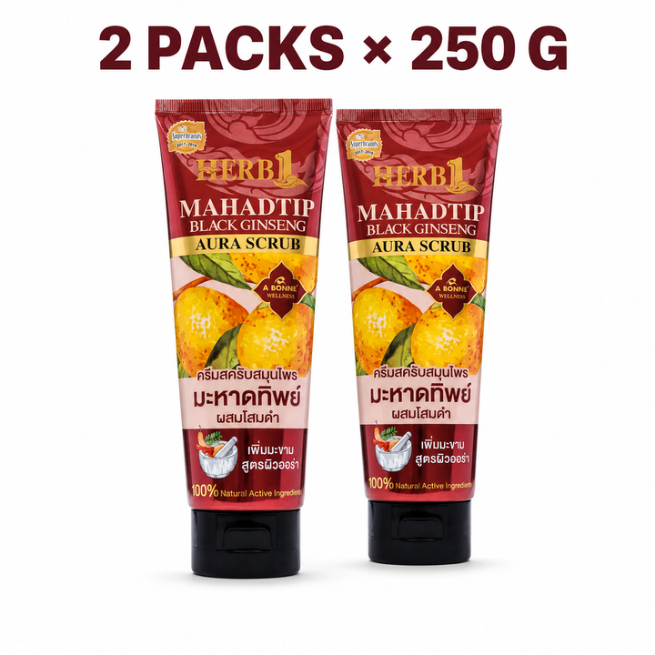 Two A BONNE Herb1 Mahadtip Black Ginseng Aura Scrub 250 g tubes on a white background