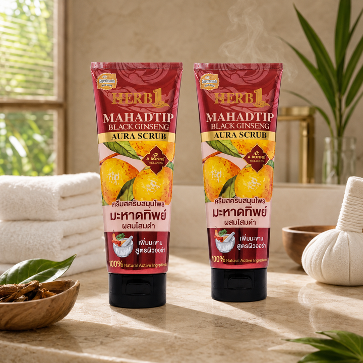 Two A BONNE Mahadtip Black Ginseng Aura Scrub tubes in a bright Thai spa setting