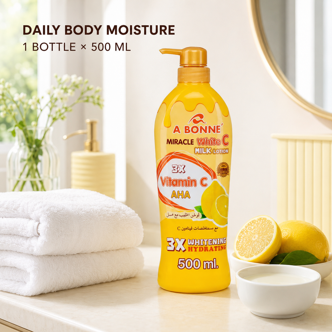 A BONNE Vitamin C Milk Body Lotion with lemon and milk-inspired presentation
