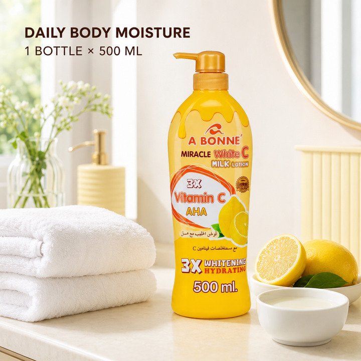A BONNE Vitamin C Milk Body Lotion with lemon and milk-inspired presentation

