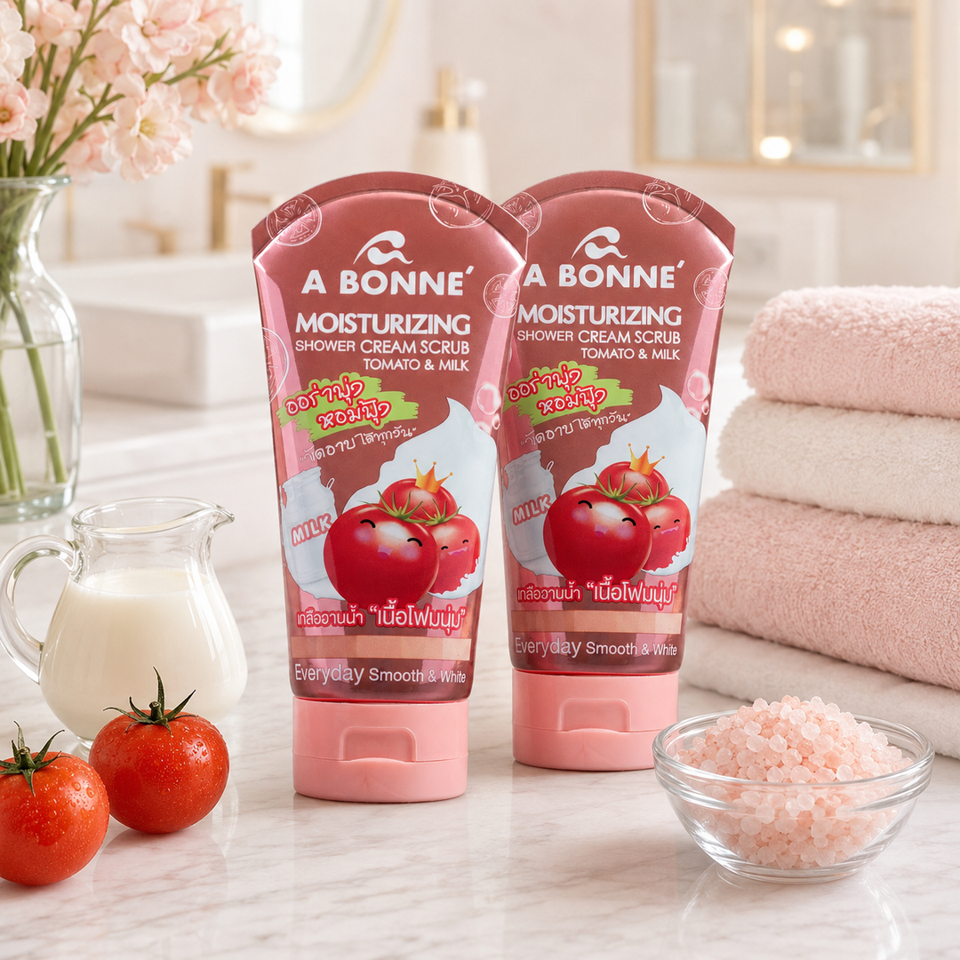 Two A BONNE Tomato and Milk shower cream scrub tubes in a bright bathroom setting