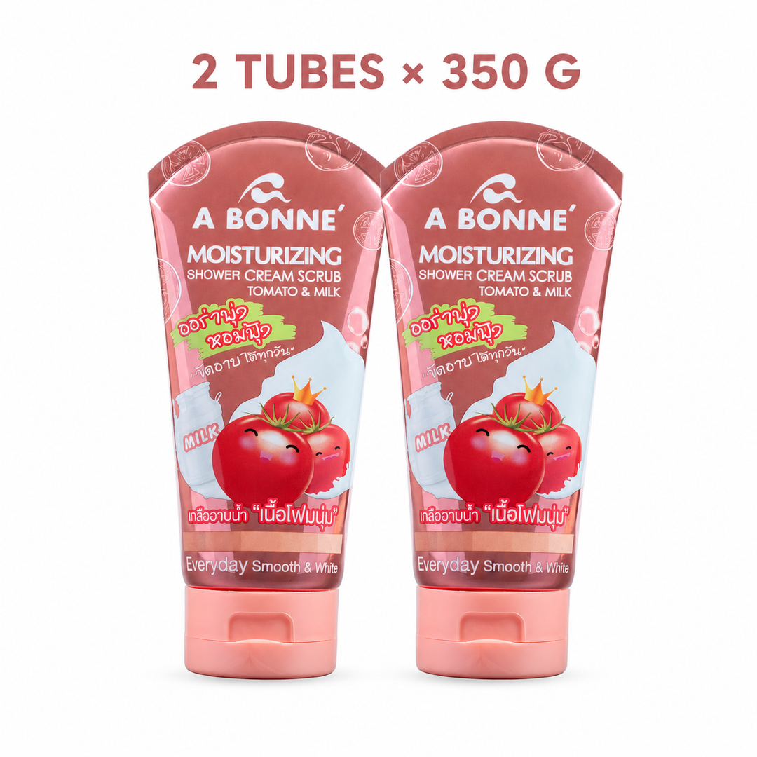 Two A BONNE Tomato and Milk Moisturizing Shower Cream Scrub 350 g tubes on a white background