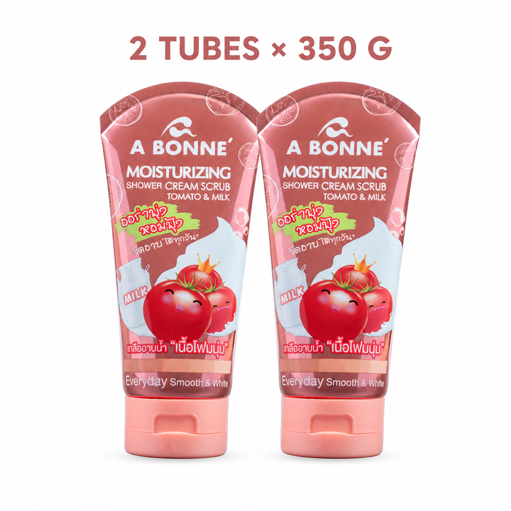 Two A BONNE Tomato and Milk Moisturizing Shower Cream Scrub 350 g tubes on a white background