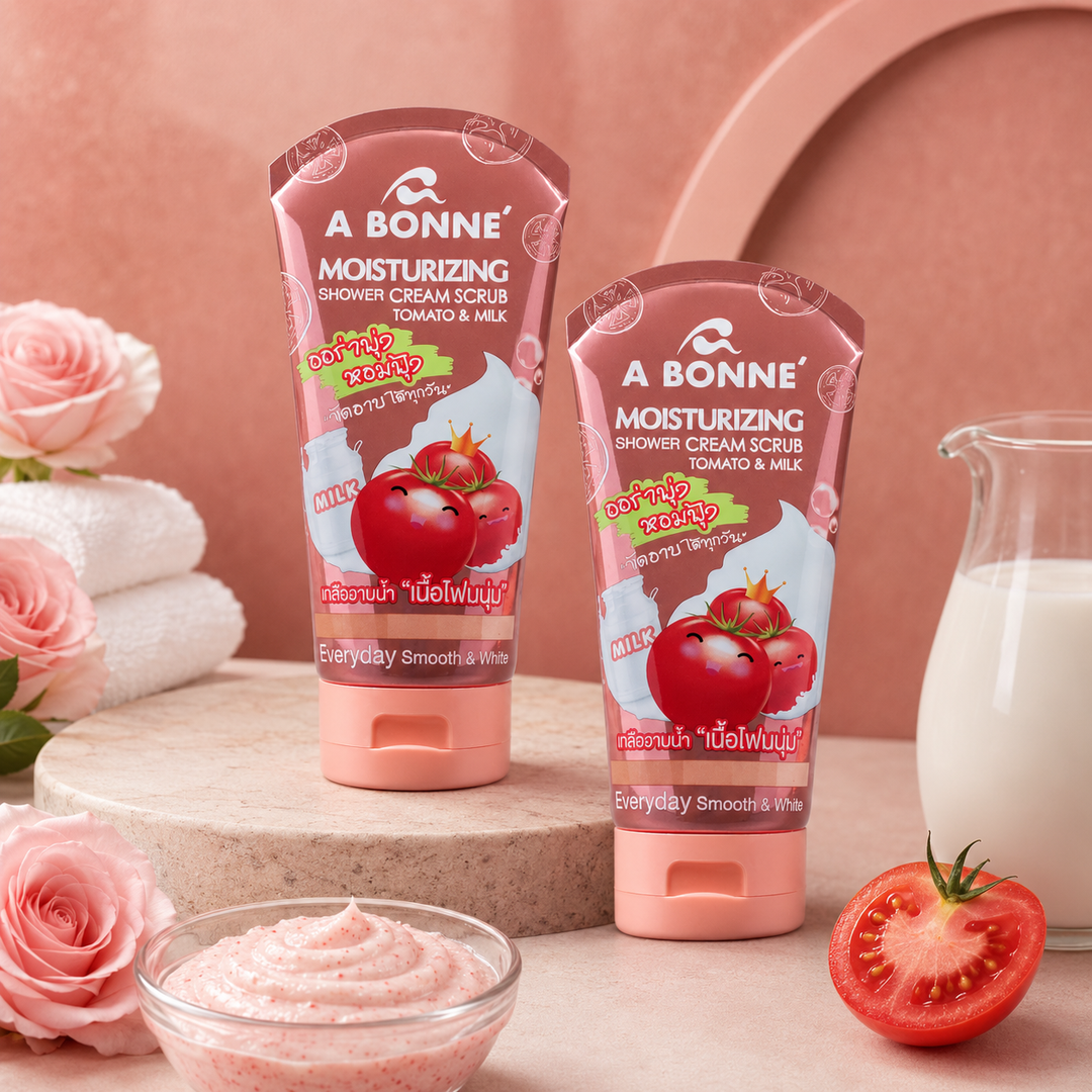 Two A BONNE Tomato and Milk body scrub tubes in a rose and cream spa setting