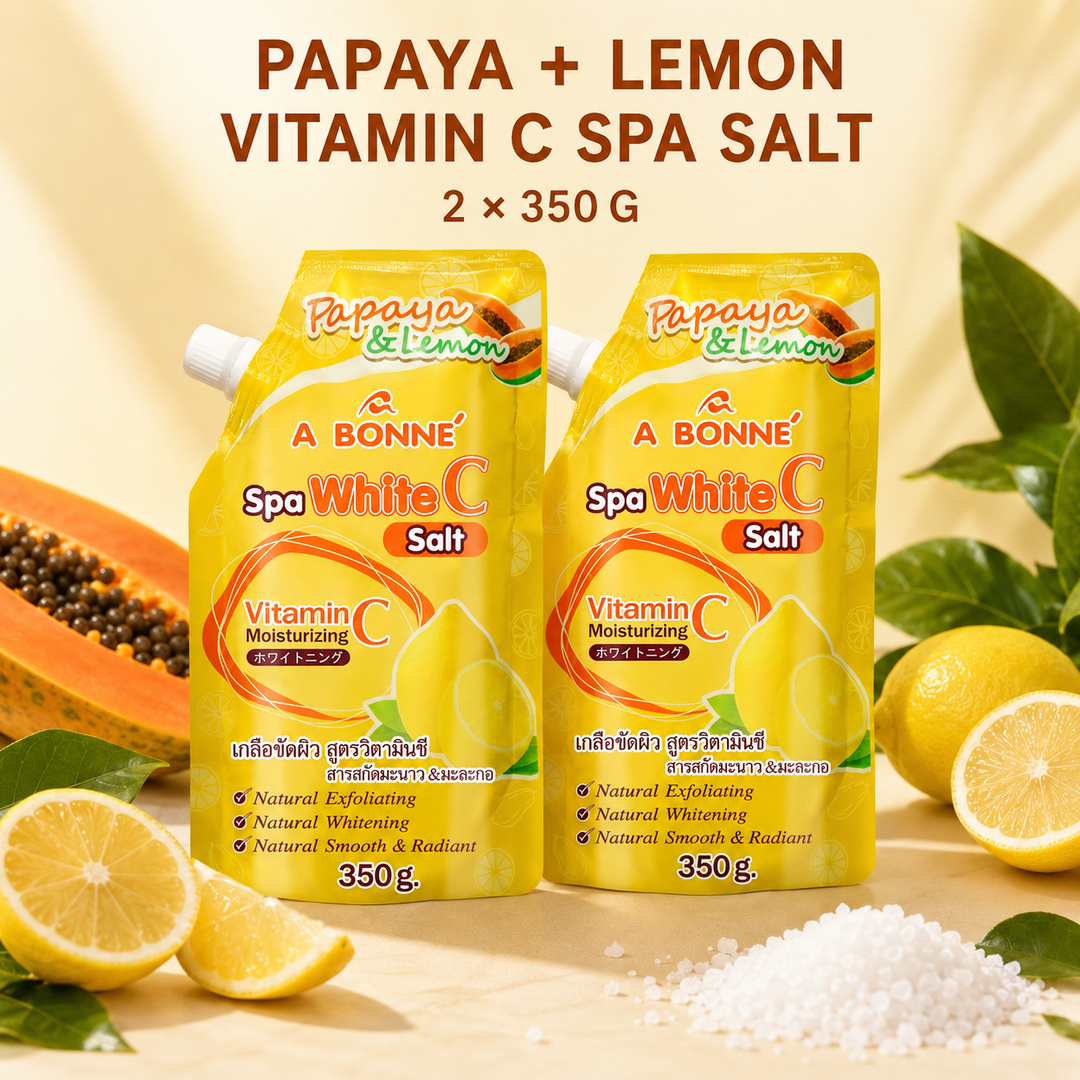 A BONNE Papaya and Lemon Vitamin C Spa Salt twin pack with papaya, lemon and salt crystals