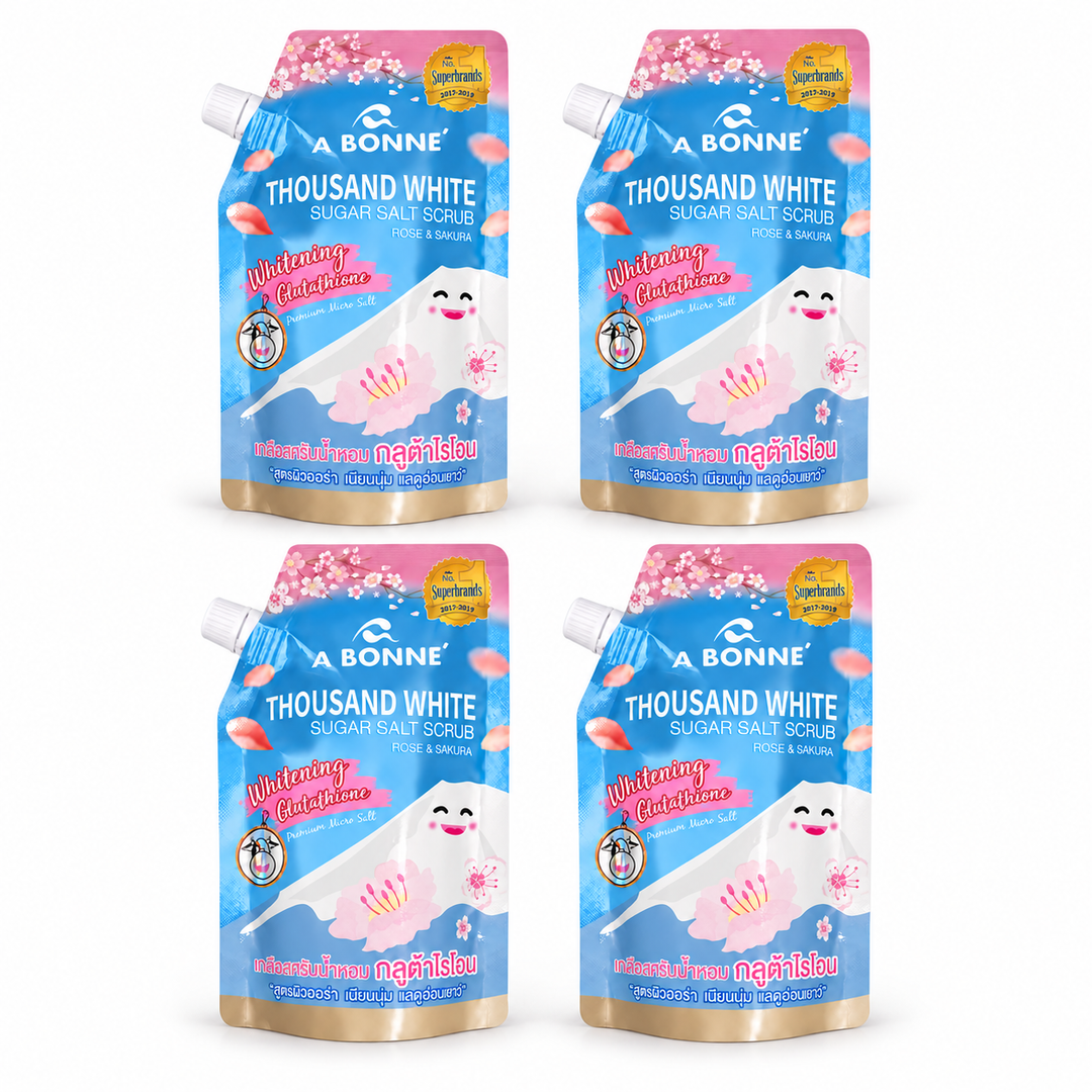 A BONNE Rose & Sakura Sugar Salt Scrub — Pack of 4 × 350 g — 4 identical units, white background
