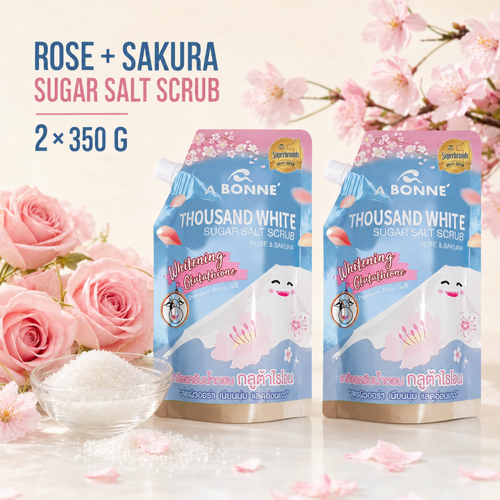 A BONNE Rose and Sakura Sugar Salt Scrub twin pack with flowers and scrub crystals