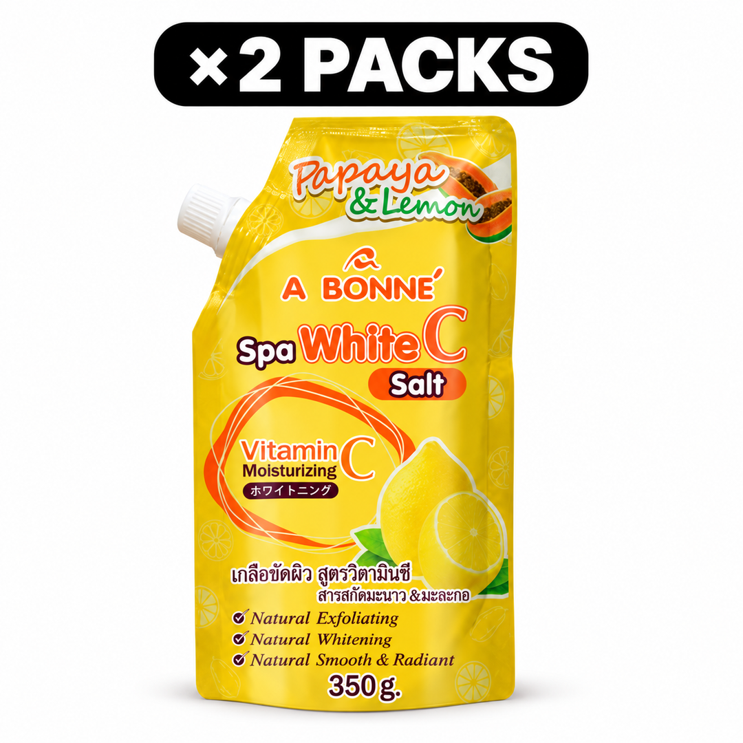 Single product view of A BONNE Papaya & Lemon Vitamin C Spa Salt Body Scrub, with ×2 PACKS quantity badge