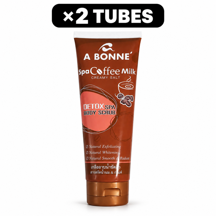Single product view of A BONNE Spa Coffee Milk Creamy Salt Body Scrub, with ×2 TUBES quantity badge