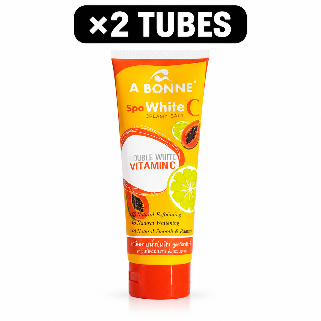 Single product view of A BONNE Spa White C Creamy Salt Body Scrub, with ×2 TUBES quantity badge