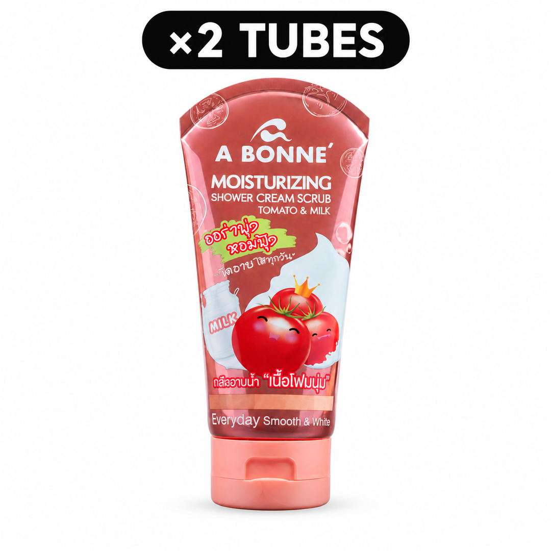 Single product view of A BONNE Moisturizing Shower Cream Scrub Tomato & Milk, with ×2 TUBES quantity badge