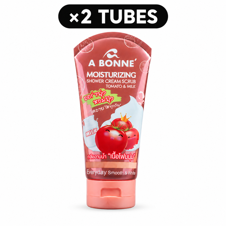 Single product view of A BONNE Moisturizing Shower Cream Scrub Tomato & Milk, with ×2 TUBES quantity badge