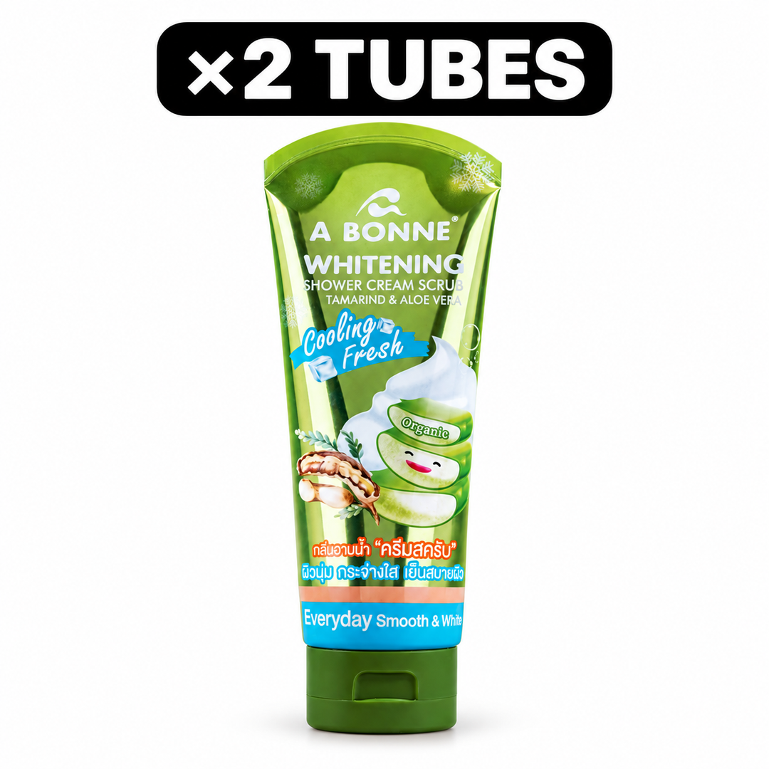 Single product view of A BONNE Tamarind & Aloe Vera Cooling Shower Cream Scrub, with ×2 TUBES quantity badge