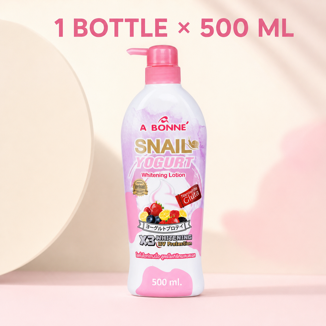 A bottle of A Bonne Snail Yogurt Whitening Lotion, 500 ml, featuring a pink pump dispenser and a label with pink, white, and multicolor graphics, set against a soft pink and beige background with a text overlay at the top.