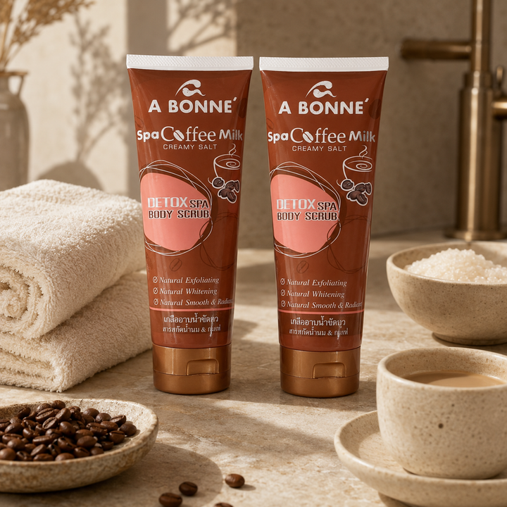 Two A BONNE Coffee Milk body scrub tubes with coffee beans, milk and spa salt