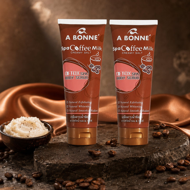 Two A BONNE Spa Coffee Milk Creamy Salt tubes in a premium coffee spa setting
