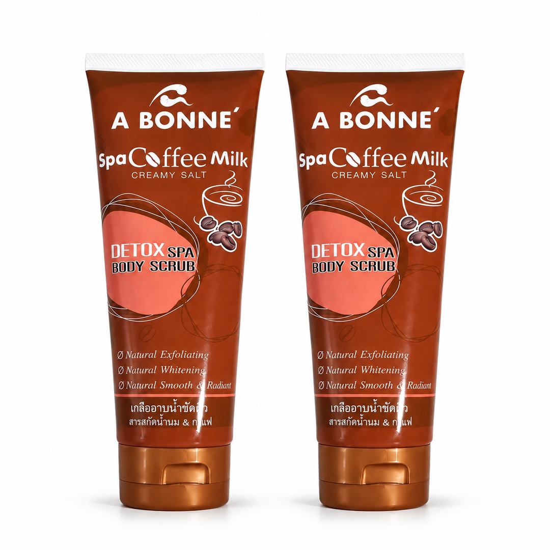 A BONNE Spa Coffee Milk Creamy Salt Body Scrub — Pack of 2 × 350 g — 2 identical units, white background