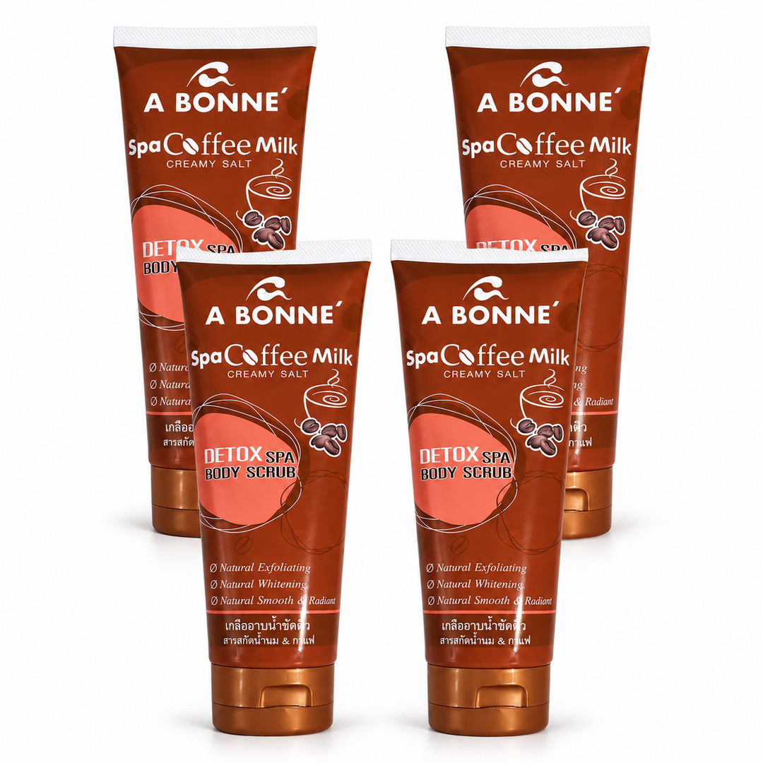 A BONNE Spa Coffee Milk Creamy Salt Body Scrub — Pack of 4 × 350 g — 4 identical units, white background