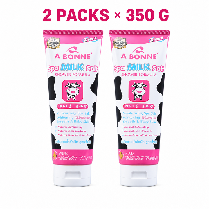 Two A BONNE Creamy Yogurt Spa Milk Salt 350 g tubes on a white background