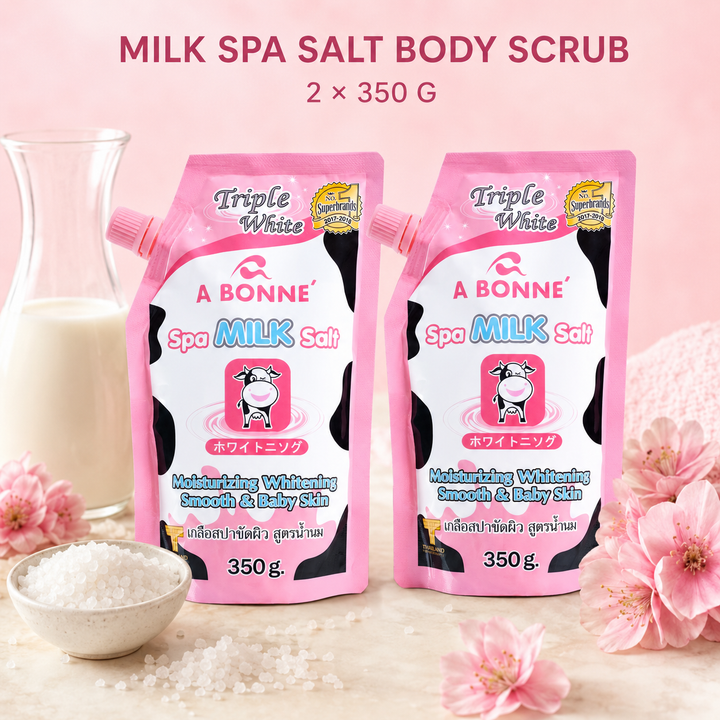 A BONNE Spa Milk Salt twin pack with milk and white salt crystals