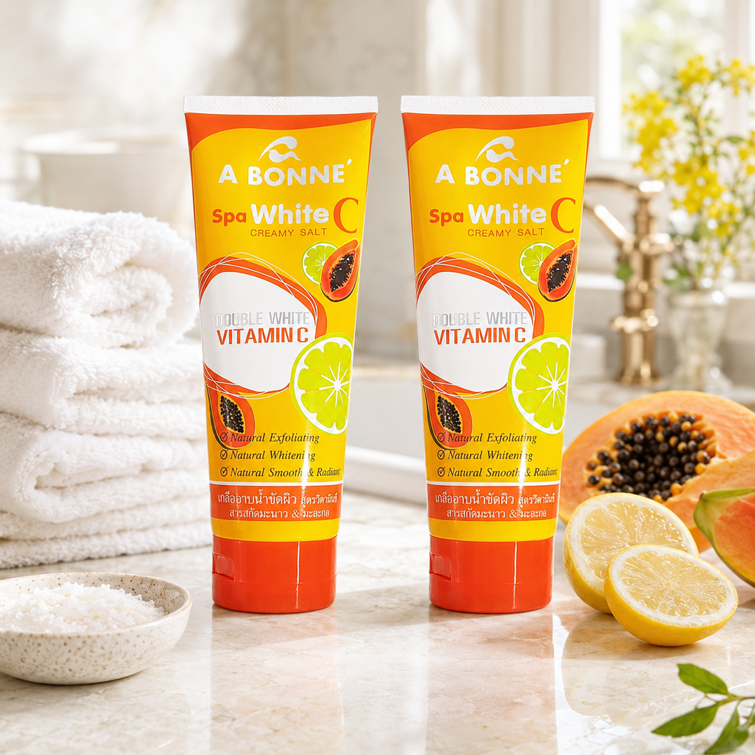 Two A BONNE Spa White C body scrub tubes with lemon, papaya and spa salt