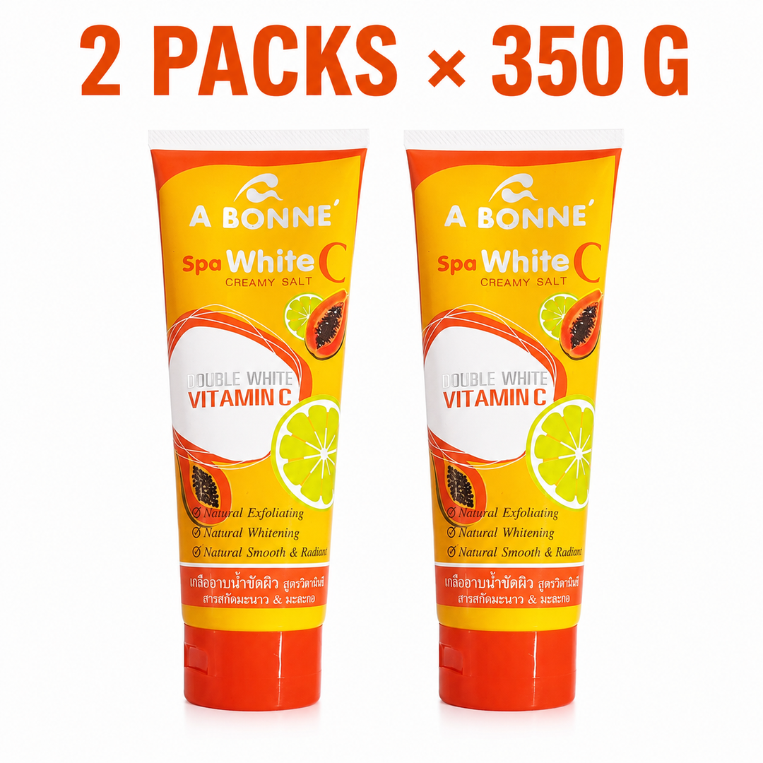 Two A BONNE Spa White C Creamy Salt 350 g body scrub tubes on a white background