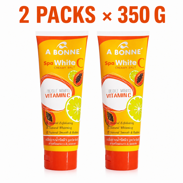 Two A BONNE Spa White C Creamy Salt 350 g body scrub tubes on a white background