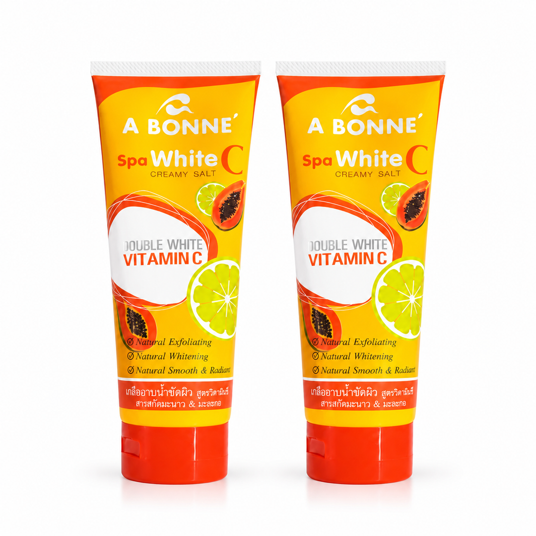 A BONNE Spa White C Creamy Salt Body Scrub — Pack of 2 × 350 g — 2 identical units, white background