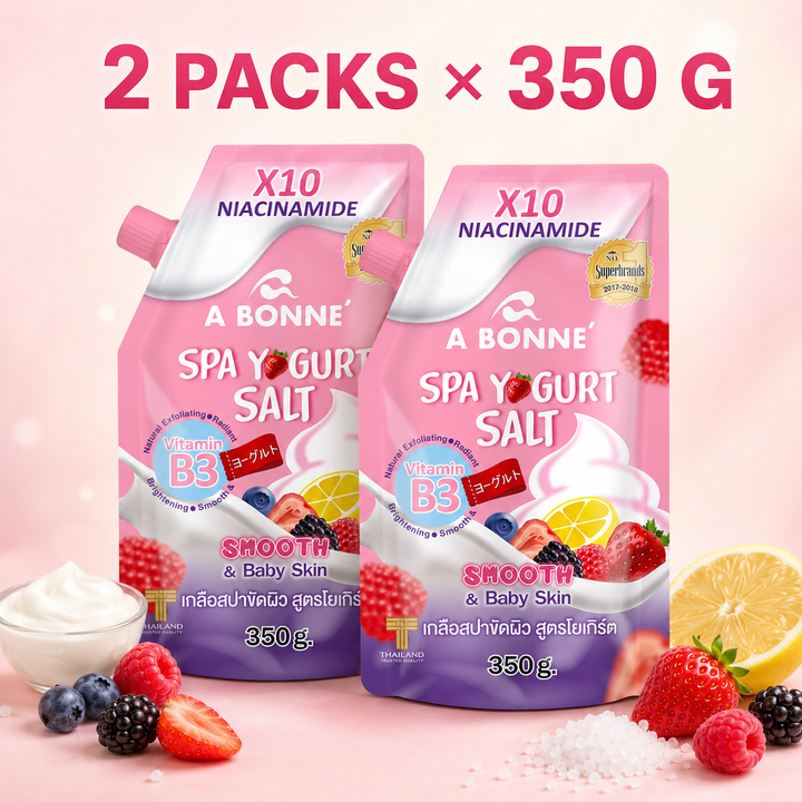 Two packs of A BONNE Spa Yogurt Salt with Niacinamide and Vitamin B3, 350 g each