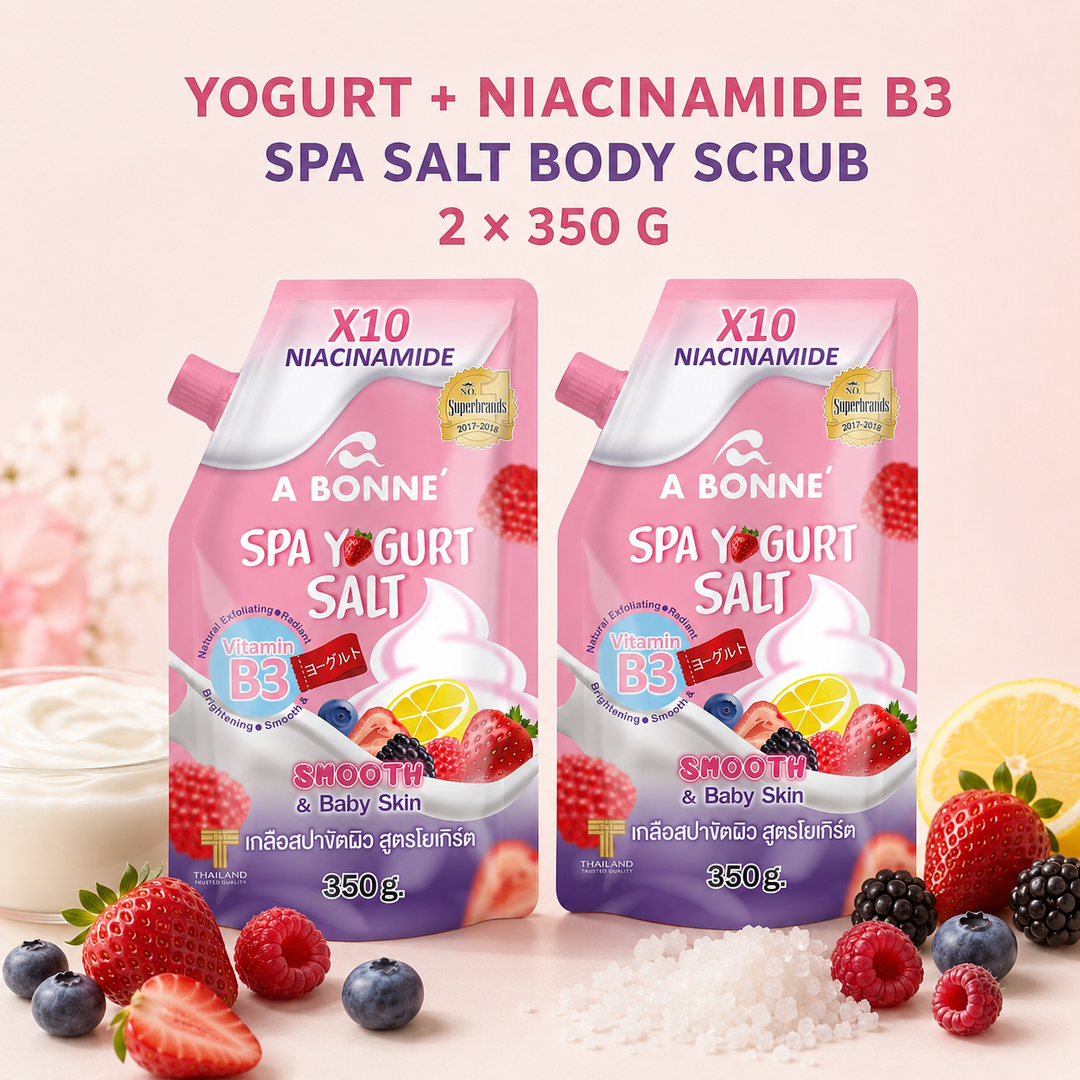 A BONNE Spa Yogurt Salt twin pack with yogurt, mixed berries, lemon and salt crystals

