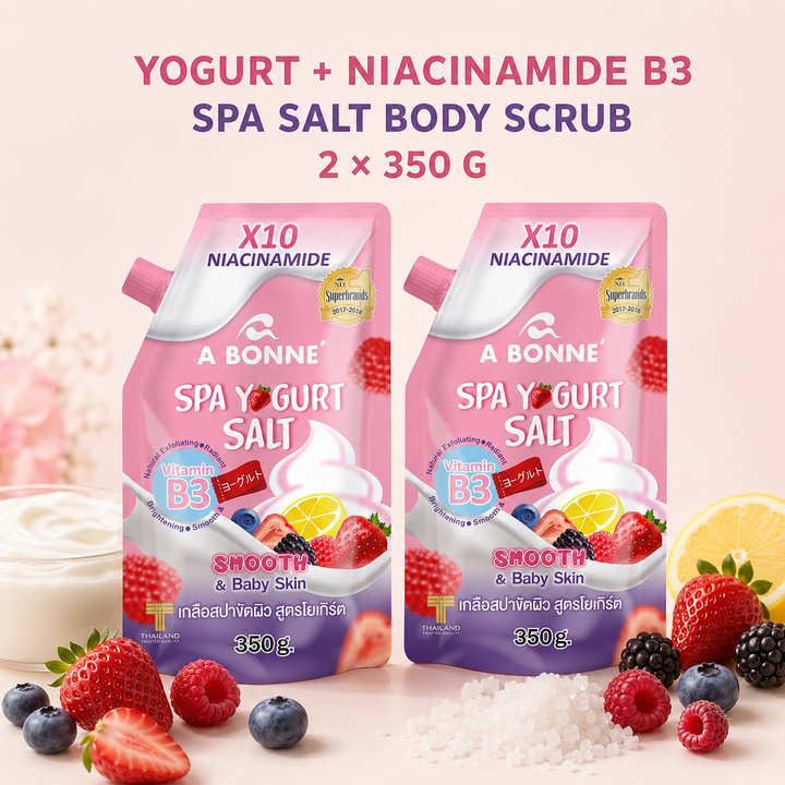 A BONNE Spa Yogurt Salt twin pack with yogurt, mixed berries, lemon and salt crystals

