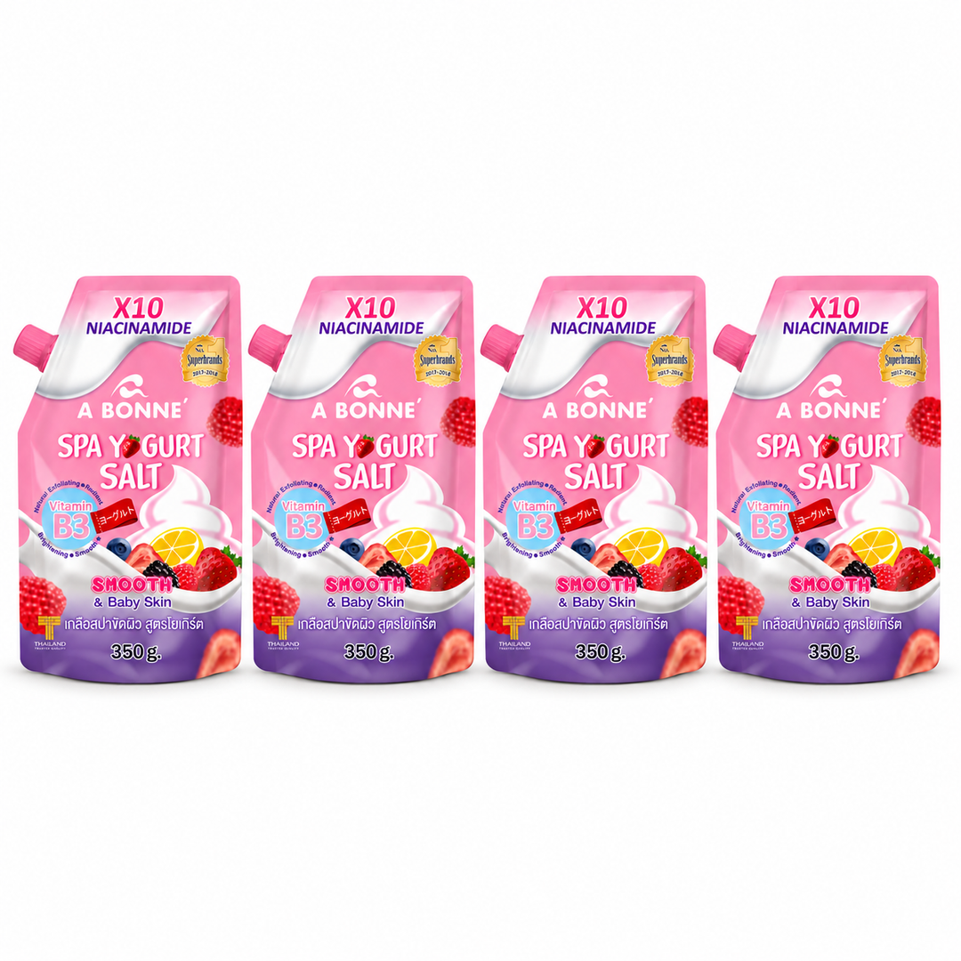 A BONNE Spa Yogurt Salt with Niacinamide & Vitamin B3 — Pack of 4 × 350 g — 4 identical units, white background