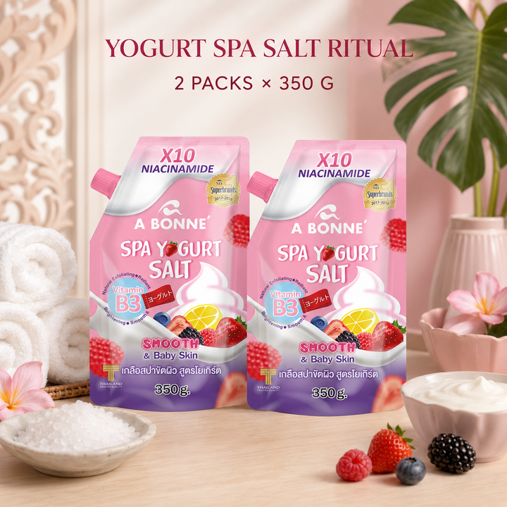 Two A BONNE Spa Yogurt Salt pouches in a Thai-inspired spa setting

