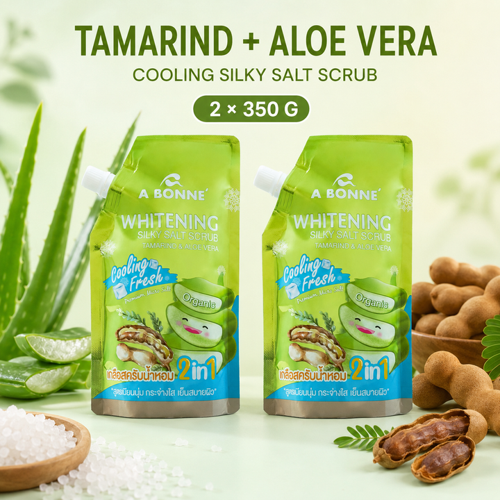 A BONNE Tamarind and Aloe Vera Cooling Silky Salt Scrub twin pack with aloe vera, tamarind and salt crystals
