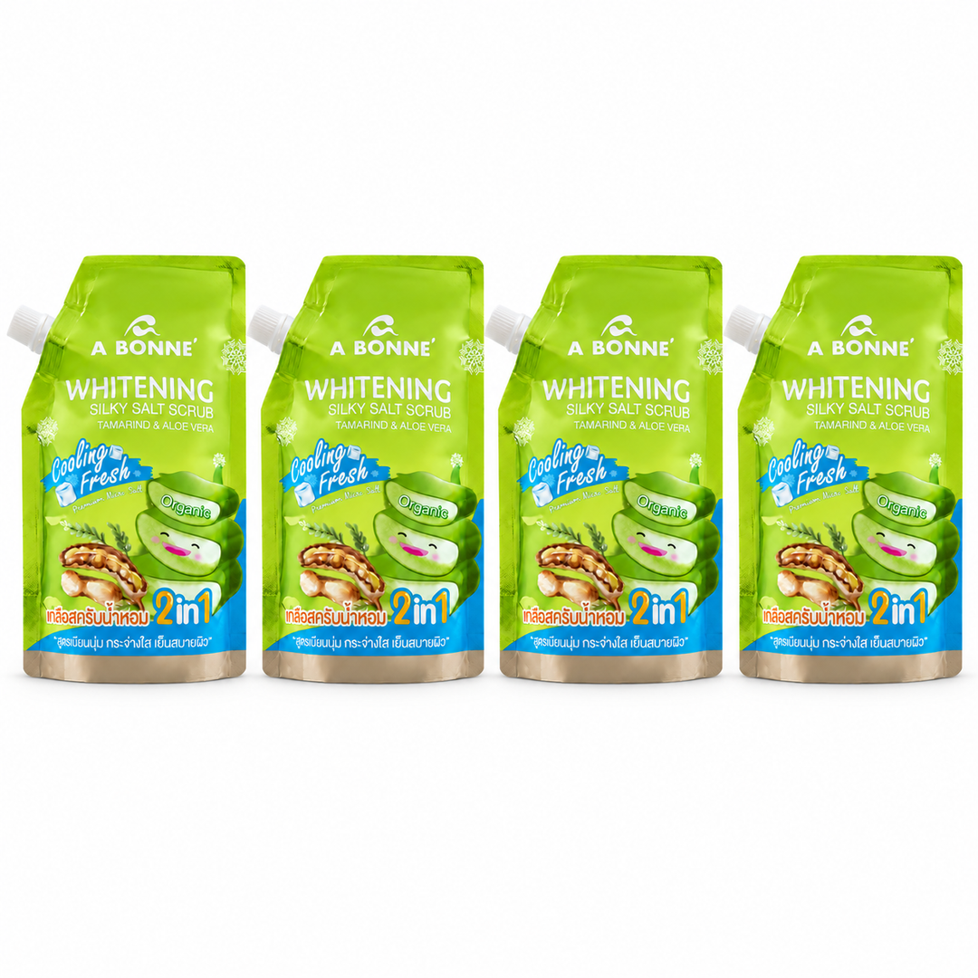 A BONNE Tamarind & Aloe Vera Cooling Silky Salt Scrub — Pack of 4 × 350 g — 4 identical units, white background
