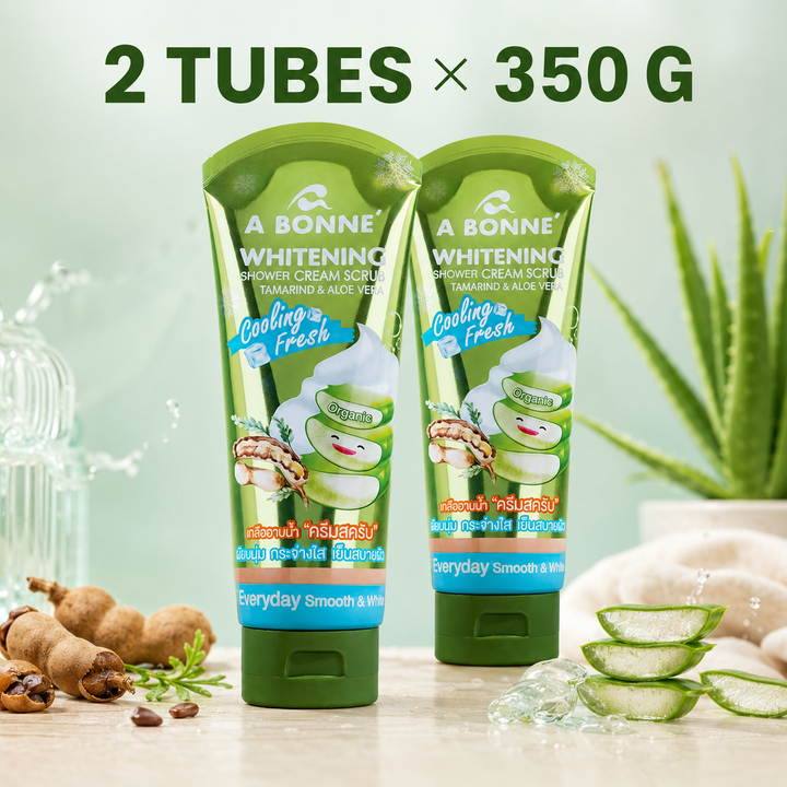 Two tubes of A BONNE Tamarind and Aloe Vera Cooling Shower Cream Scrub, 350 g each
