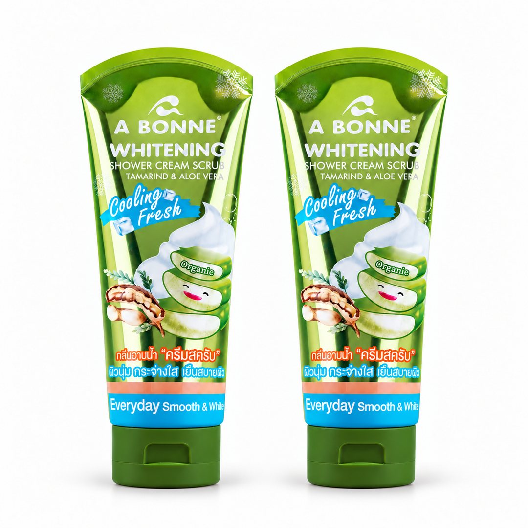 A BONNE Tamarind & Aloe Vera Cooling Shower Cream Scrub — Pack of 2 × 350 g — 2 identical units, white background