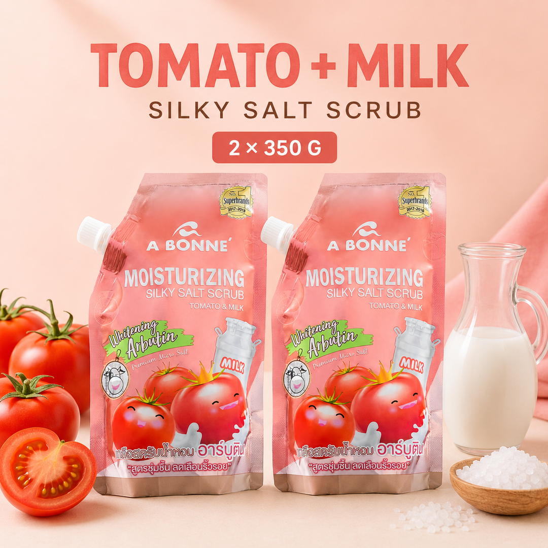 A BONNE Tomato and Milk Silky Salt Scrub twin pack with tomatoes, milk and salt crystals
