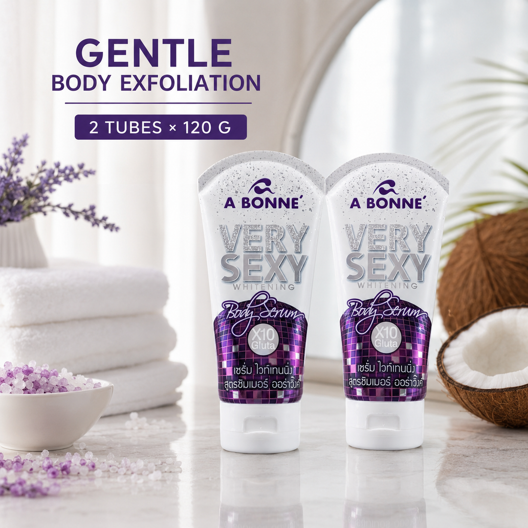 Two A BONNE Very Sexy Salt Body Scrub tubes in a clean spa-care setting
