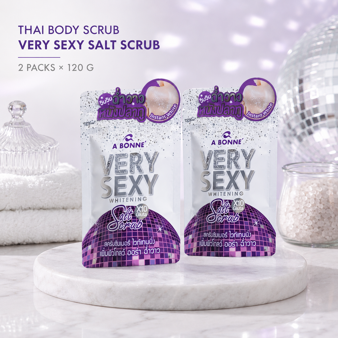 Two A BONNE Very Sexy Salt Scrub pouches in a Thai spa setting