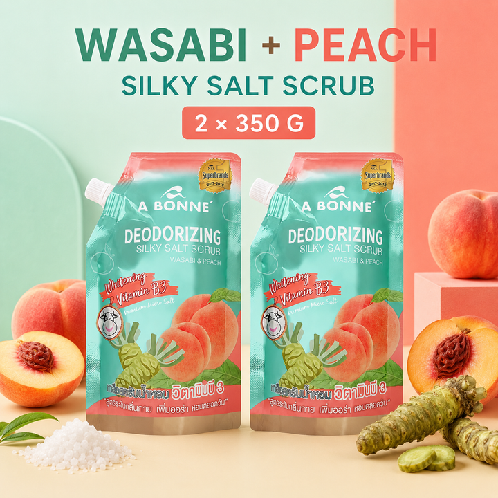A BONNE Wasabi and Peach Silky Salt Scrub twin pack with peach, wasabi and salt crystals