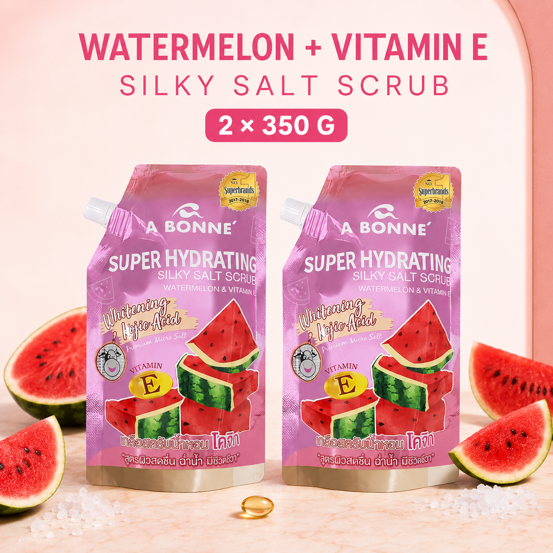 A BONNE Watermelon and Vitamin E Silky Salt Scrub twin pack with watermelon and salt crystals